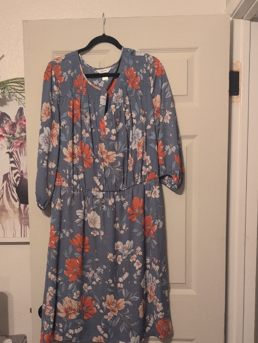 CJ Banks Blue Floral Dress with Coral and Cream Accents